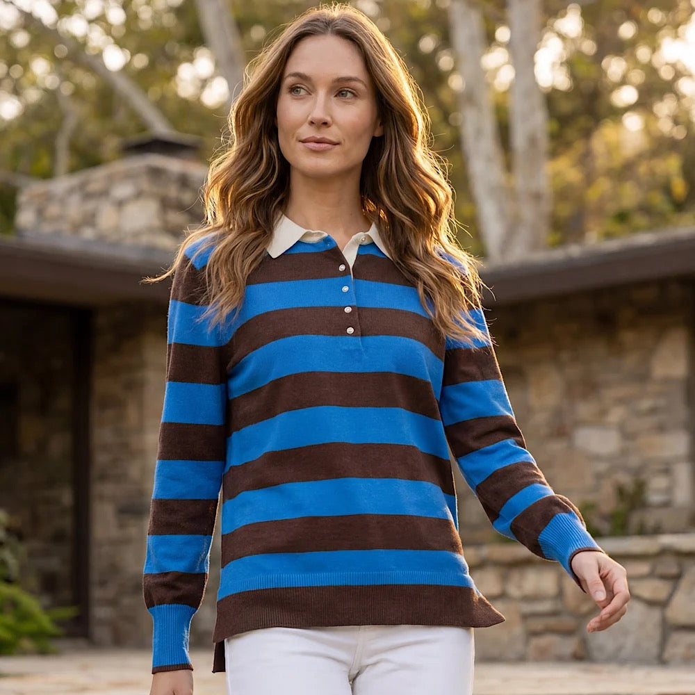Model wearing Karen Kane Game Day Collared Stripe Sweater in chocolate and sky