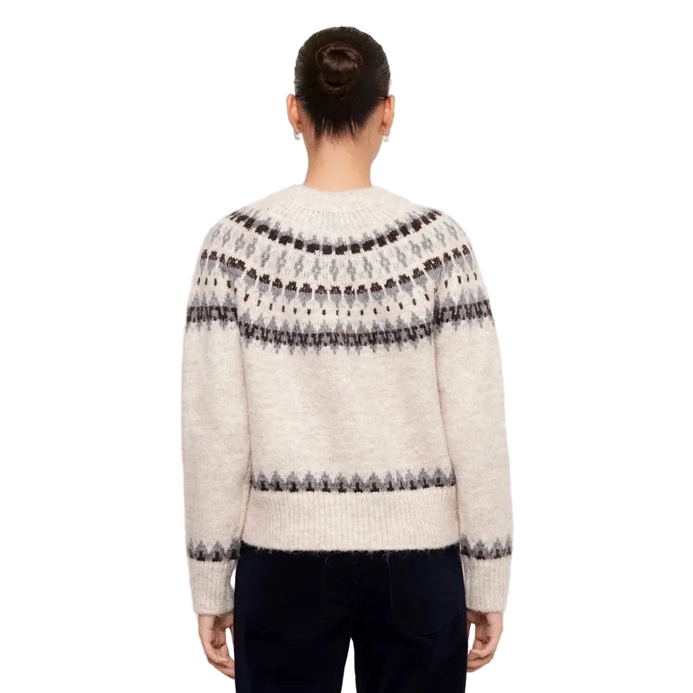 Back view of Karen Kane Jacquard Crewneck Cardigan Sweater in oatmeal