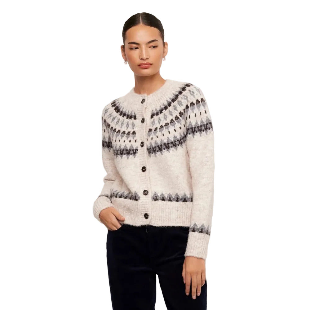Karen Kane Jacquard Crewneck Cardigan Sweater in oatmeal, front view