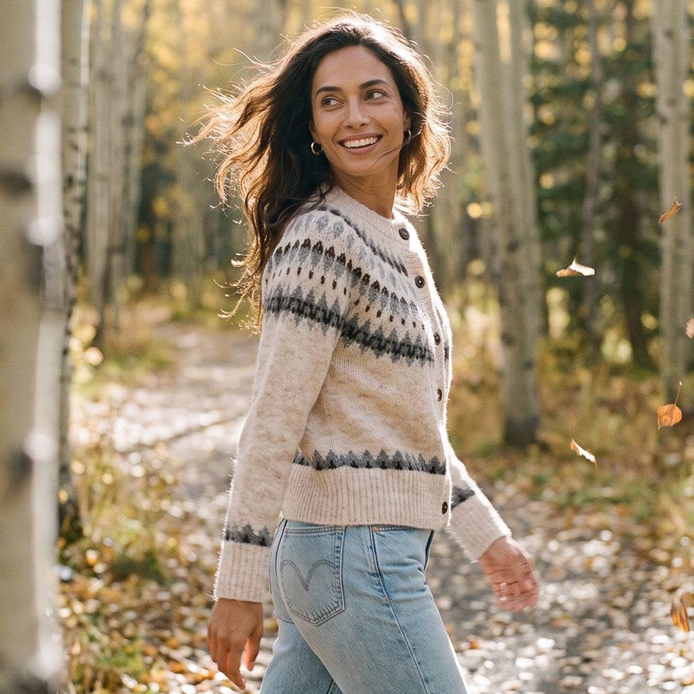 Model wearing Karen Kane Jacquard Crewneck Cardigan Sweater in oatmeal