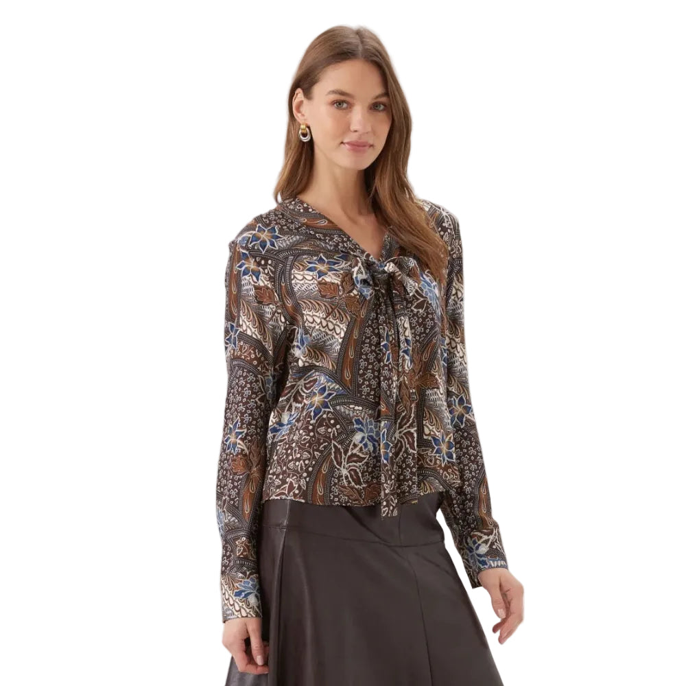 Karen Kane Long Sleeve Bow Top in blue and brown patchwork print, front view