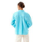 Karen Kane Long Sleeve Linen Button-Up Shirt Aqua back view