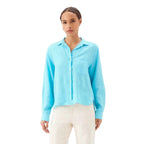 Karen Kane Long Sleeve Linen Button-Up Shirt Aqua front view