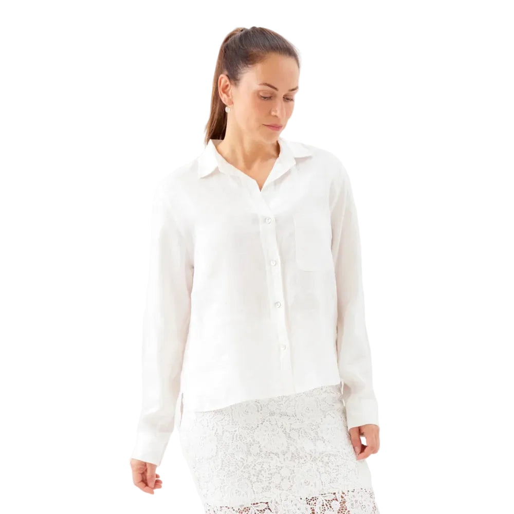 Karen Kane Long Sleeve Linen Button-Up Shirt Off White front view