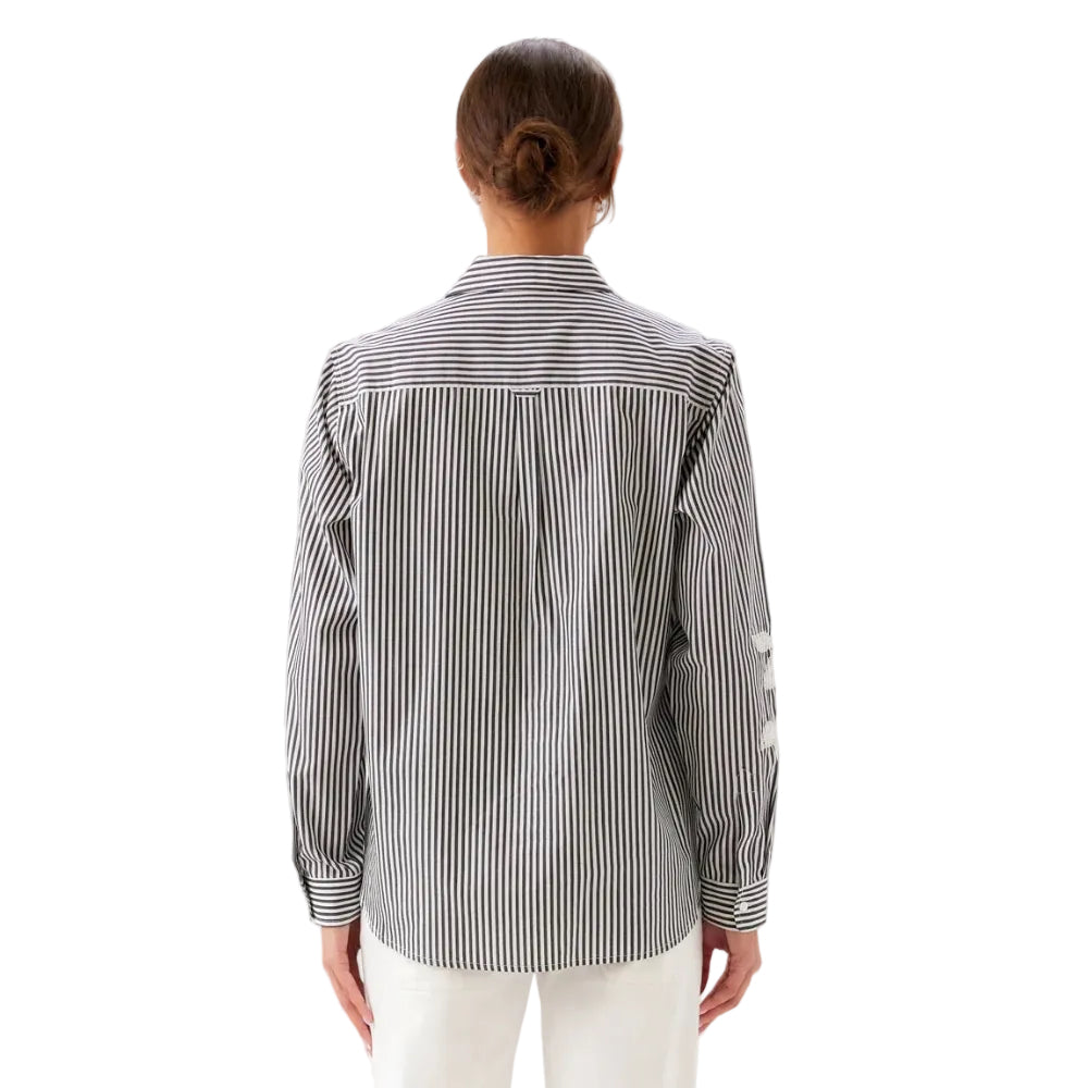 Karen Kane Long Sleeve Stripe Embroidered Shirt Black Off White back view