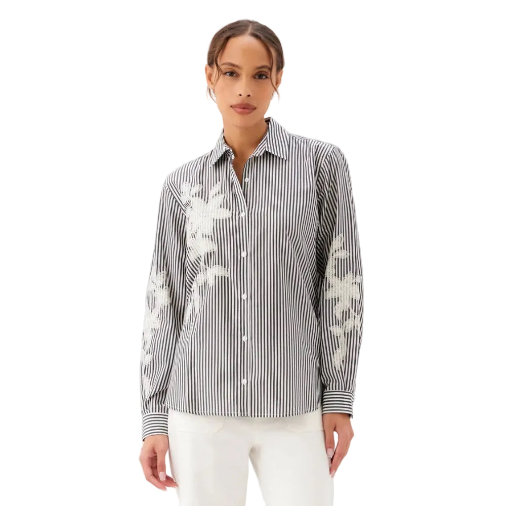 Karen Kane Long Sleeve Stripe Embroidered Shirt Black Off White front view