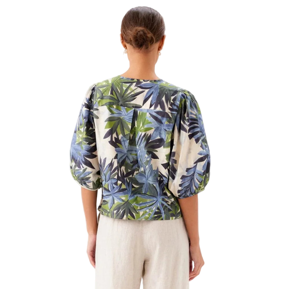 Karen Kane Puff Sleeve Button Front Shirt in Island Palms print back view