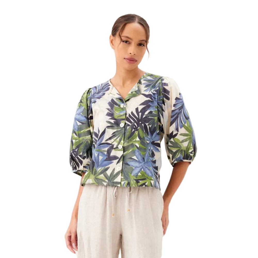 Karen Kane Puff Sleeve Button Front Shirt in Island Palms print front view