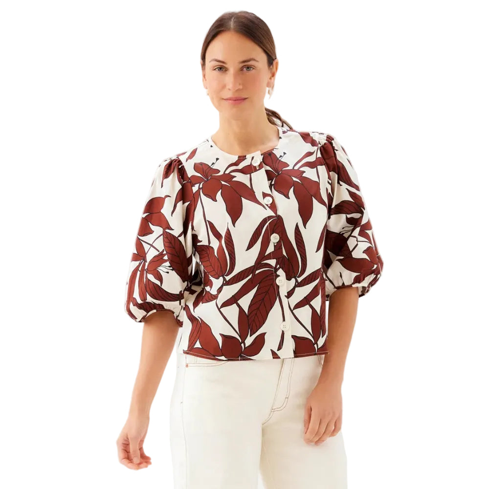Karen Kane Puff Sleeve Button-Front Top Coco Bloom Print front view