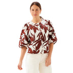 Karen Kane Puff Sleeve Button-Front Top Coco Bloom Print front view