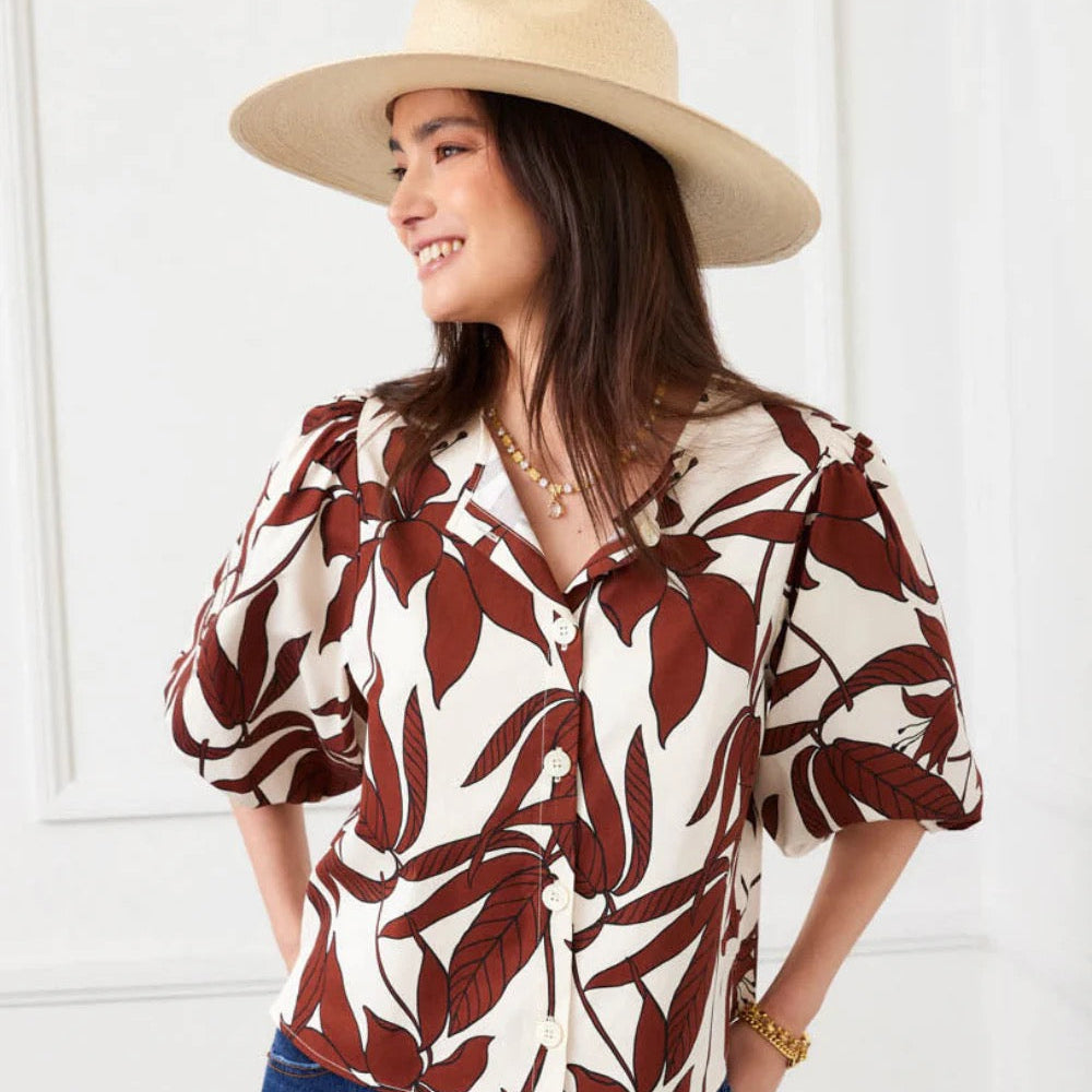 Karen Kane Puff Sleeve Button-Front Top Coco Bloom Print lifestyle view