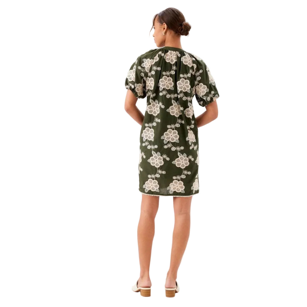 Karen Kane Puff Sleeve Tassel Dress in olive and natural back view