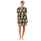 Karen Kane Puff Sleeve Tassel Dress in olive and natural front view