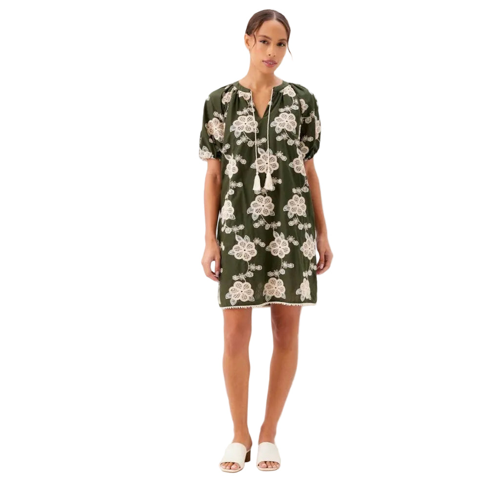 Karen Kane Puff Sleeve Tassel Dress in olive and natural front view