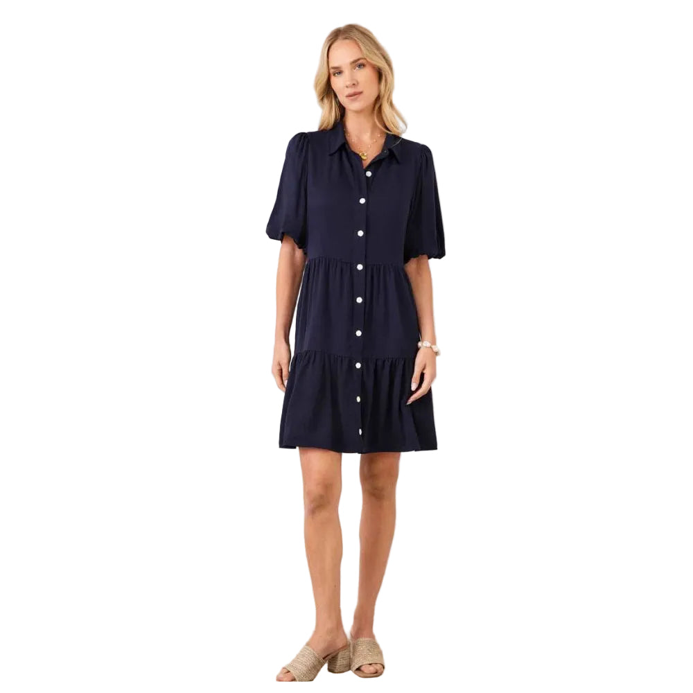 Karen Kane Puff Sleeve Tiered Shirtdress in navy shown from the front 