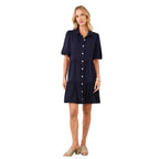 Karen Kane Puff Sleeve Tiered Shirtdress in navy shown from the front 