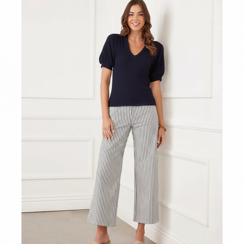 Karen Kane Ribbed Short Sleeve Top Navy full view