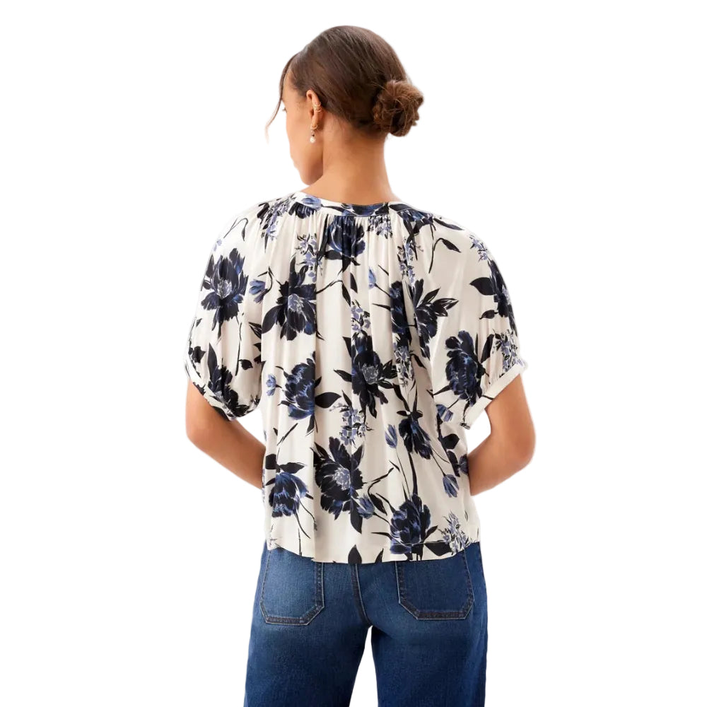 Karen Kane Satin Short Sleeve Peasant Top in cream and navy Feather Flowers print back view