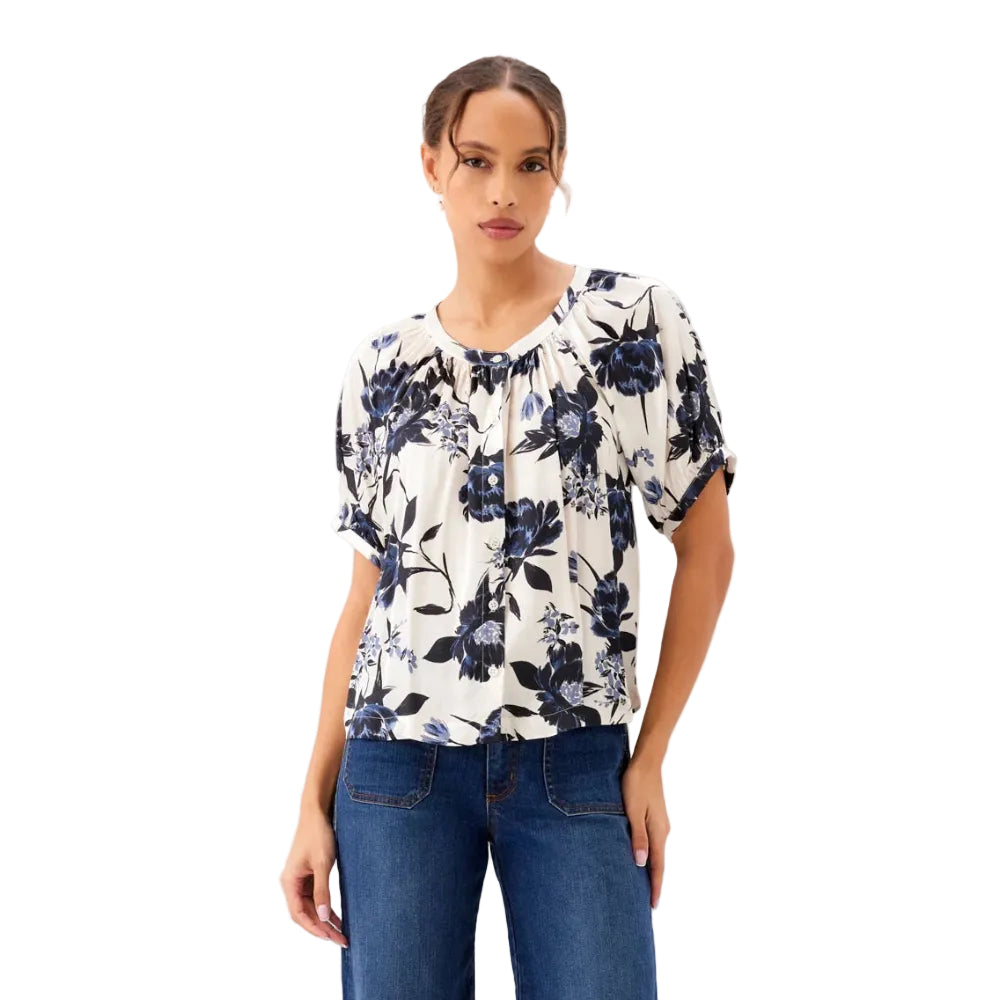 Karen Kane Satin Short Sleeve Peasant Top in cream and navy Feather Flowers print front view