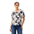 Karen Kane Satin Short Sleeve Peasant Top in cream and navy Feather Flowers print front view