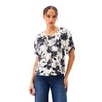 Karen Kane Satin Short Sleeve Peasant Top in cream and navy Feather Flowers print front view