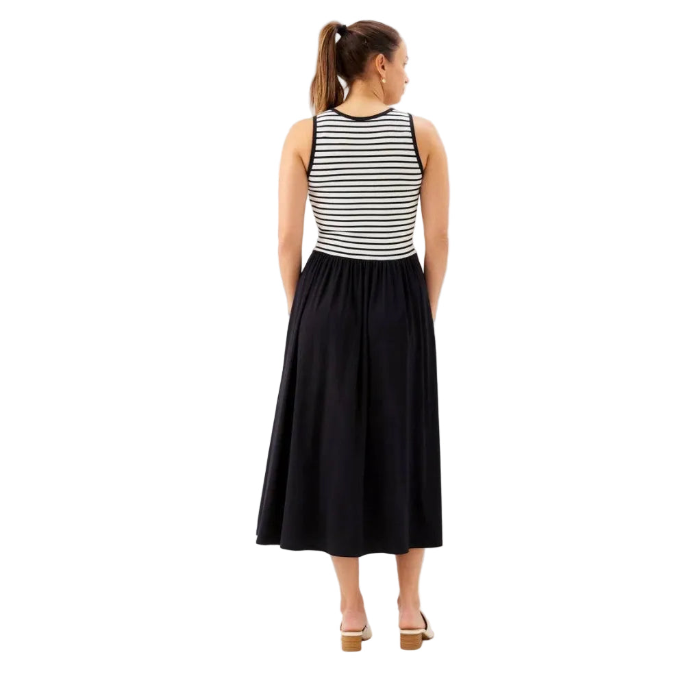 Karen Kane Sleeveless Stripe Bodice Mixed-Media Midi Dress Ivory Black back view