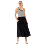 Karen Kane Sleeveless Stripe Bodice Mixed-Media Midi Dress Ivory Black front view