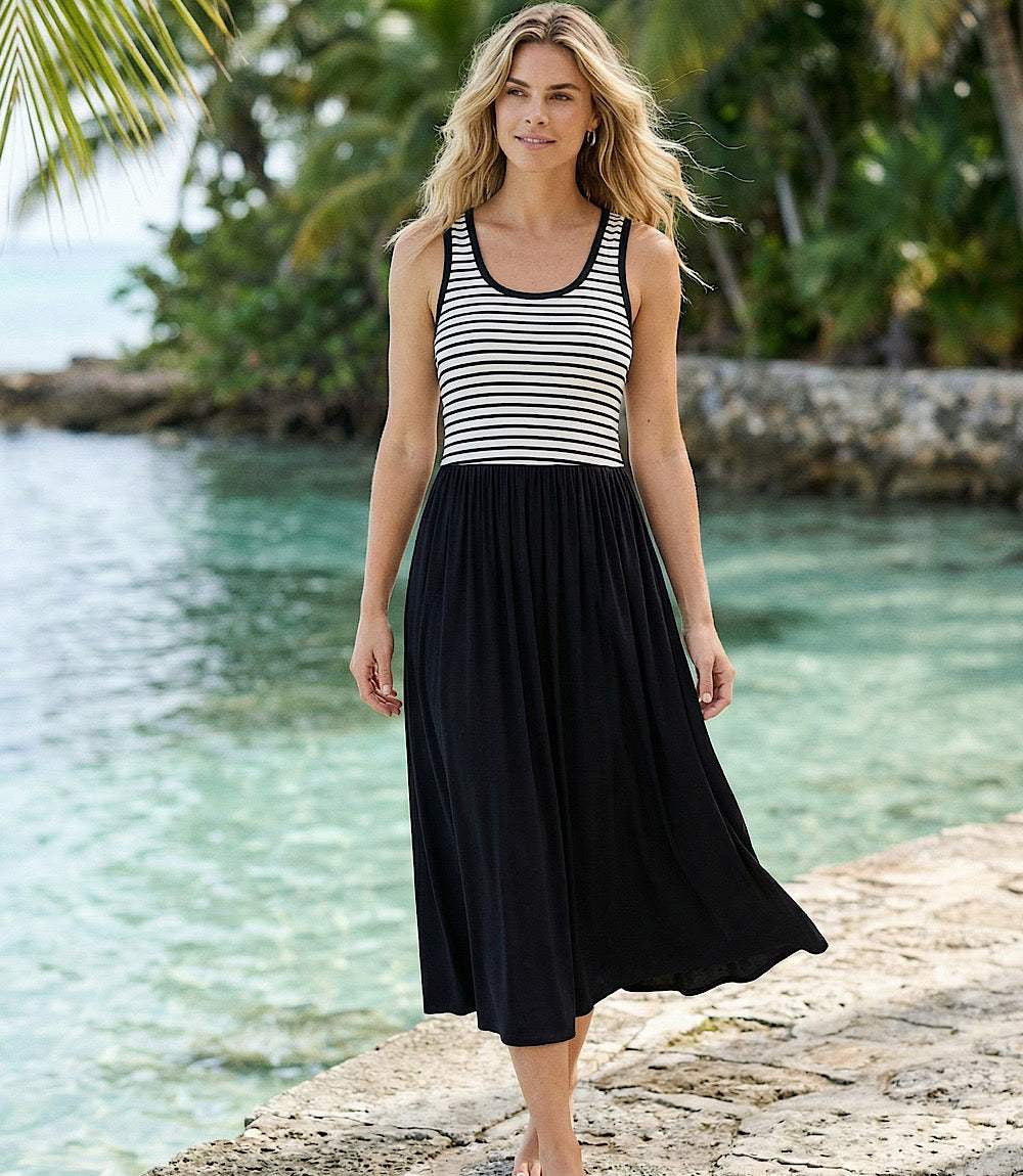 Karen Kane Sleeveless Stripe Bodice Mixed Media Midi Dress - Ivory/Black