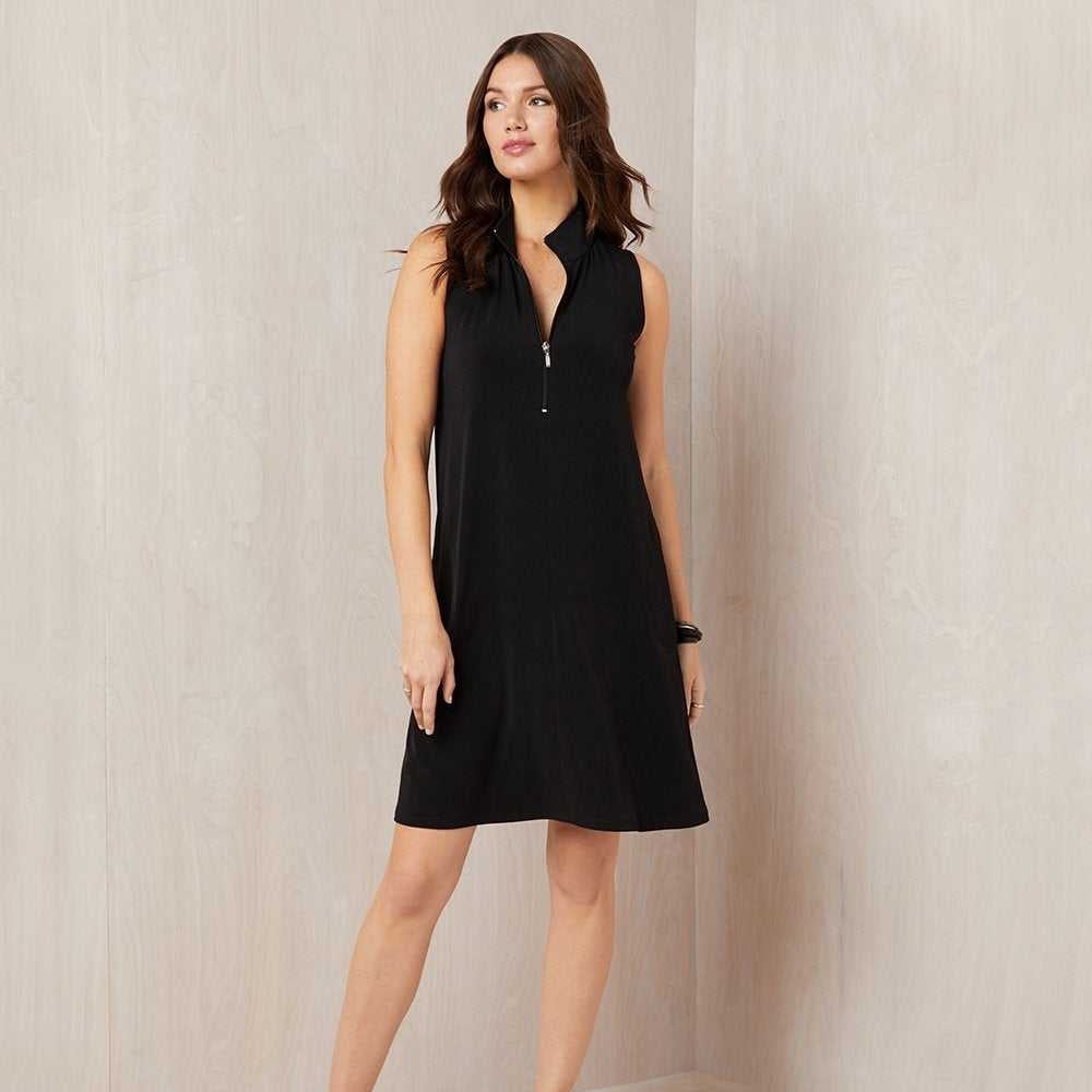 Model wearing Karen Kane Sleeveless Zip-Up Travel Jersey Dress in black