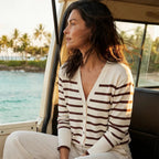 Karen Kane Stripe Cardigan Sweater Cream Chocolate lifestyle view