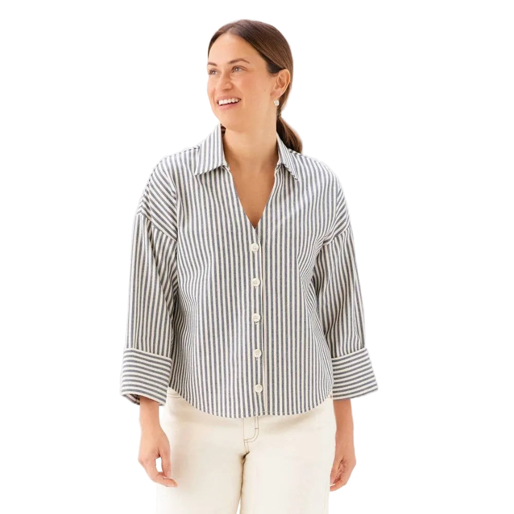 Front view of the Karen Kane Stripe Cuffed Sleeve Top in Cream and Navy, featuring the classic striped pattern and relaxed silhouette.