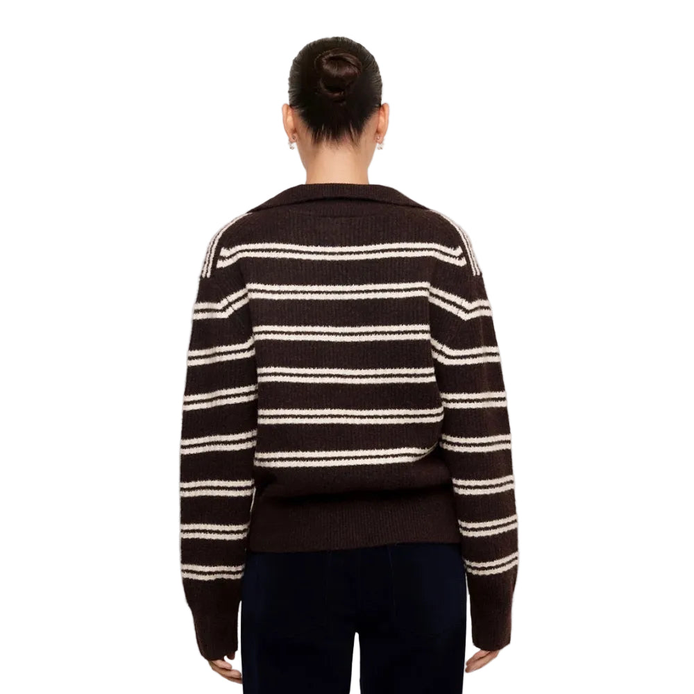 Back view of Karen Kane Stripe Half Zip Sweater in chocolate brown and cream