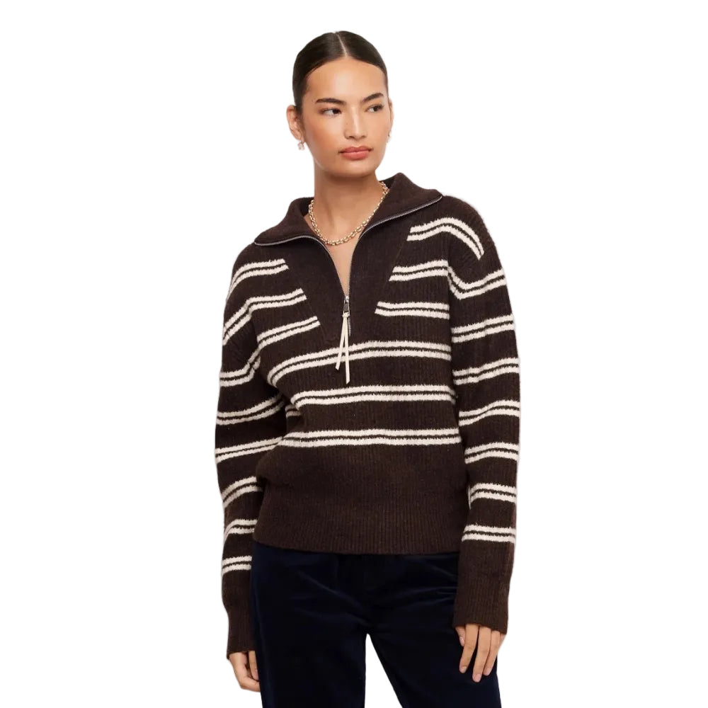 Karen Kane Stripe Half Zip Sweater in chocolate brown and cream, front view