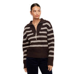 Karen Kane Stripe Half Zip Sweater in chocolate brown and cream, front view