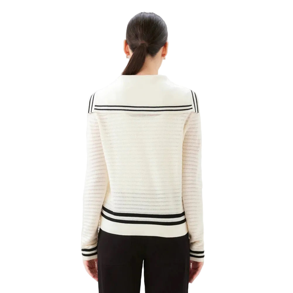 Karen Kane Stripe Sailor Collar Cardigan Sweater Off White Black back view