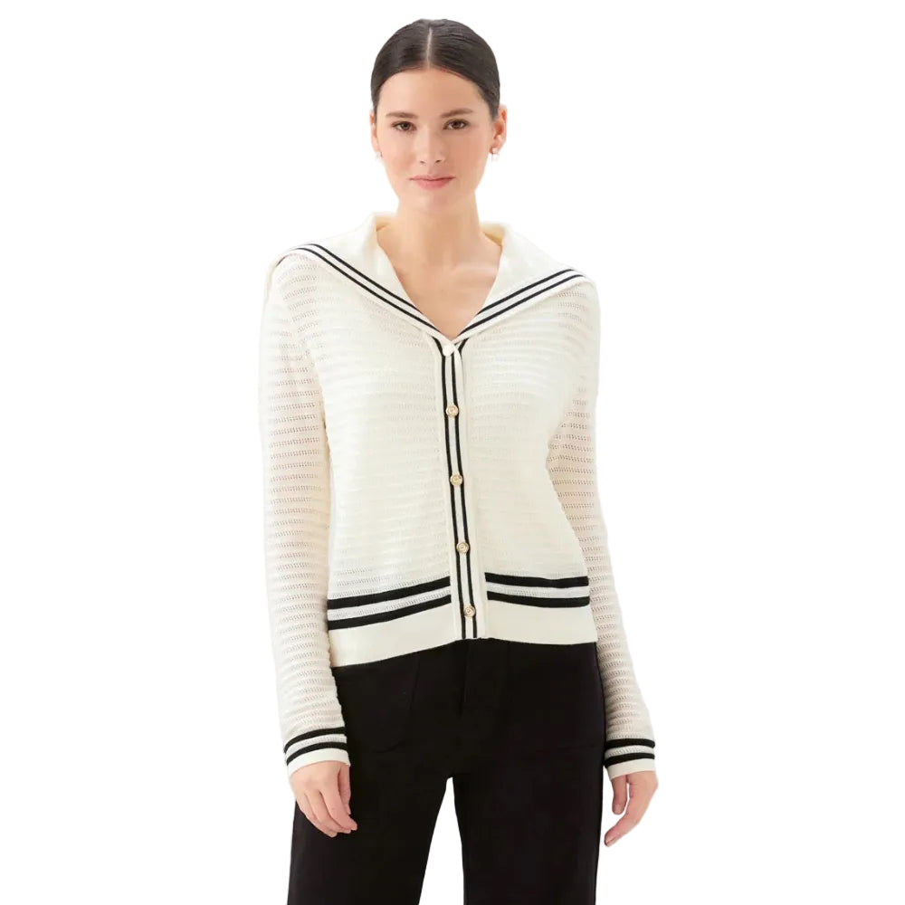 Karen Kane Stripe Sailor Collar Cardigan Sweater Off White Black front view