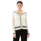 Karen Kane Stripe Sailor Collar Cardigan Sweater Off White Black front view