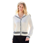 Karen Kane Stripe Sailor Collar Cardigan Sweater Off White Black model front