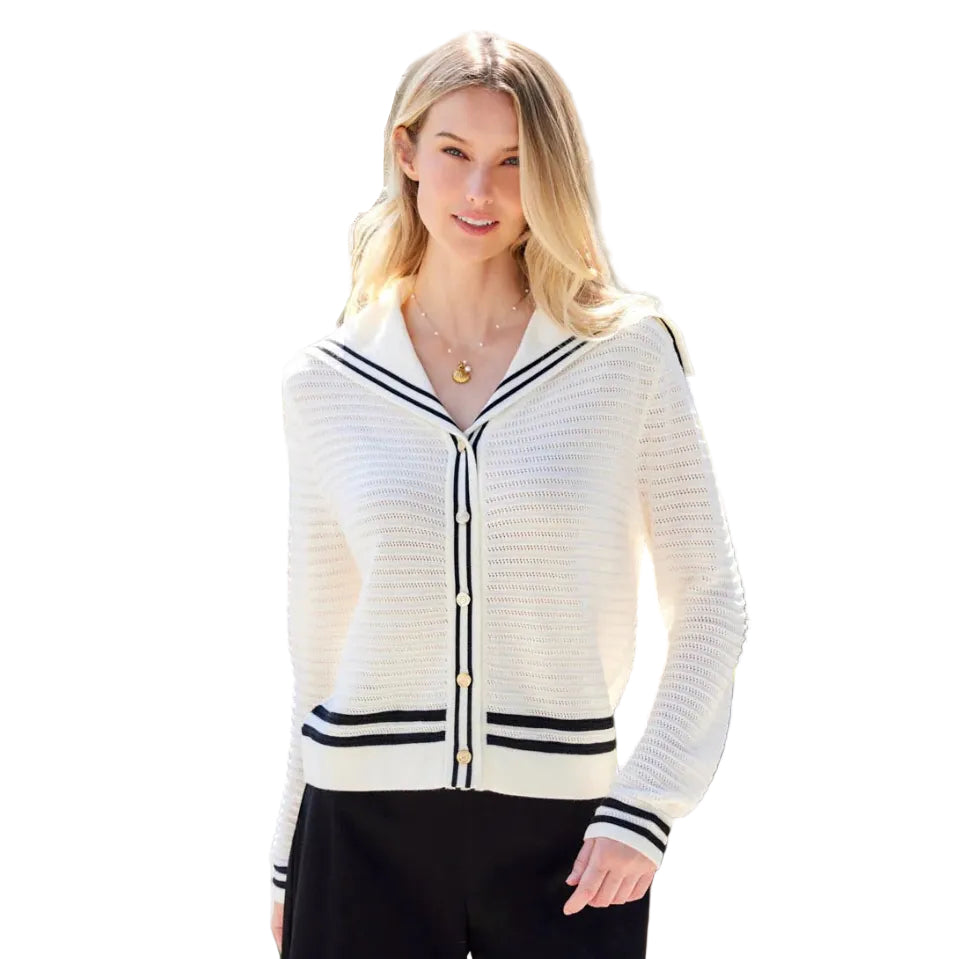 Karen Kane Stripe Sailor Collar Cardigan Sweater Off White Black model front