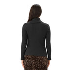 Back view of Karen Kane Wide Ribbed Long Sleeve Split Neck Top in black
