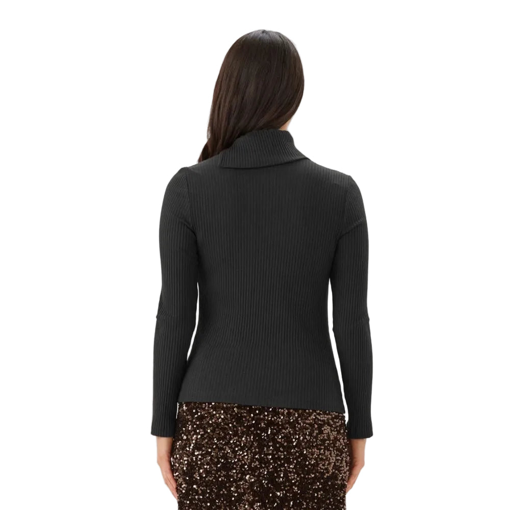 Back view of Karen Kane Wide Ribbed Long Sleeve Split Neck Top in black