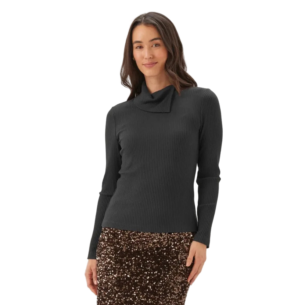 Karen Kane Wide Ribbed Long Sleeve Split Neck Top in black, front view