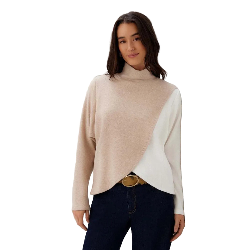 Karen Kane Women's Crossover Colorblock Top in Light Tan with Ivory front view