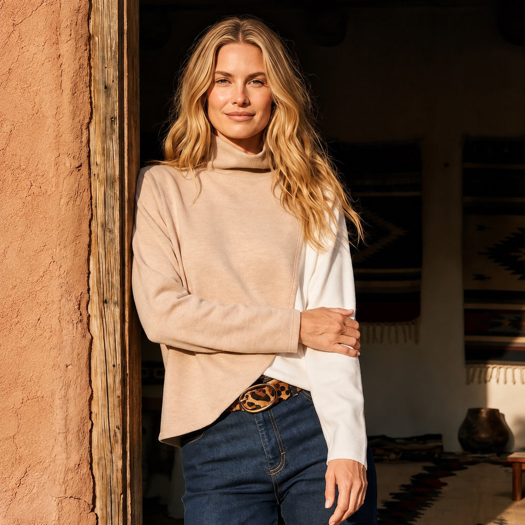 Karen Kane Women's Crossover Colorblock Top in Light Tan with Ivory lifestyle view