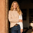 Karen Kane Women's Crossover Colorblock Top in Light Tan with Ivory lifestyle view