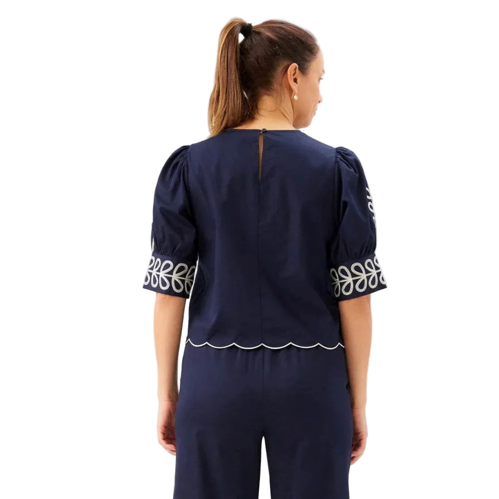 Back view of Karen Kane Women’s Embroidered Blouson Sleeve Scallop Top in Navy