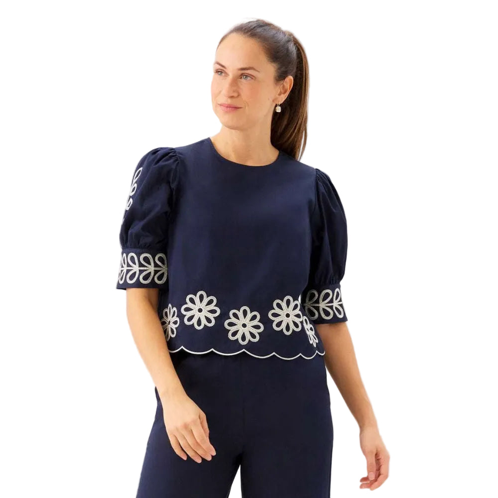Front view of Karen Kane Women’s Embroidered Blouson Sleeve Scallop Top in Navy