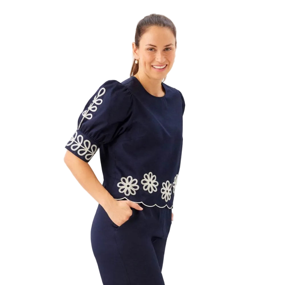 Side view of Karen Kane Women’s Embroidered Blouson Sleeve Scallop Top in Navy