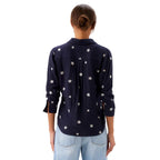 Back view of Karen Kane Women’s Embroidered Ruched Sleeve Shirt in Navy