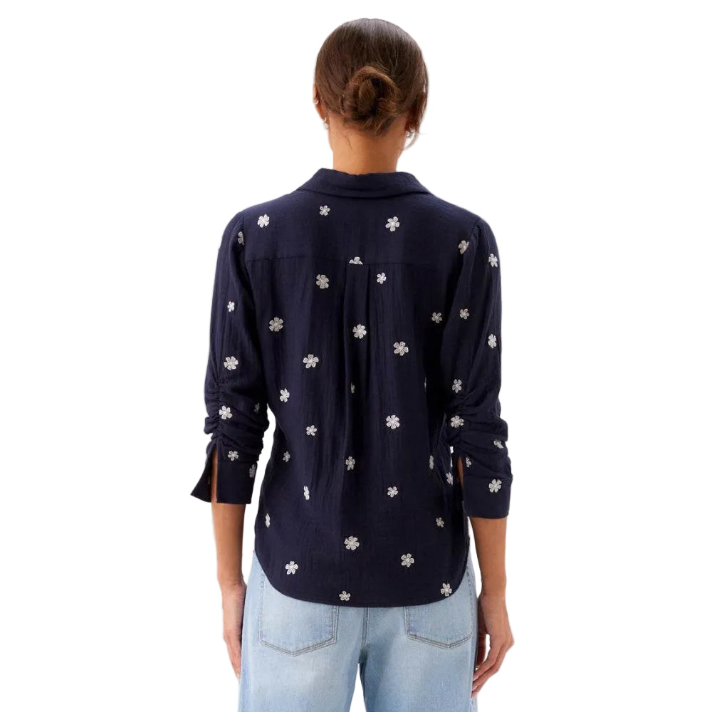 Back view of Karen Kane Women’s Embroidered Ruched Sleeve Shirt in Navy